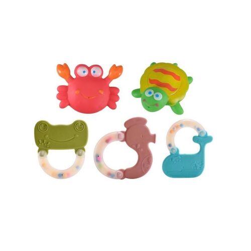 5 db szilikon fürdő-, fogzási és motoros játék készlet 6+ hónapos babáknak, többszínű