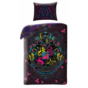 Set de lenjerie de pat pentru copii Harry Potter neon, cu blazonul Hogwarts și simbolul  Halelor Morții, 140x200 cm - Lenjerie de pat - tineri și adulți
