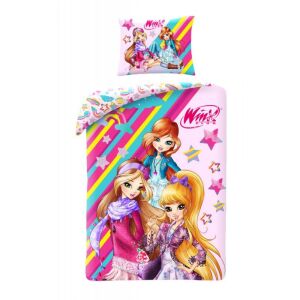 Set de lenjerie de pat Winx Club pentru copii, cu o husă de plapumă roz cu dungi colorate și stele, și o husă de pernă cu un personaj Winx Club. - Lenjerie de pat - tineri și adulți