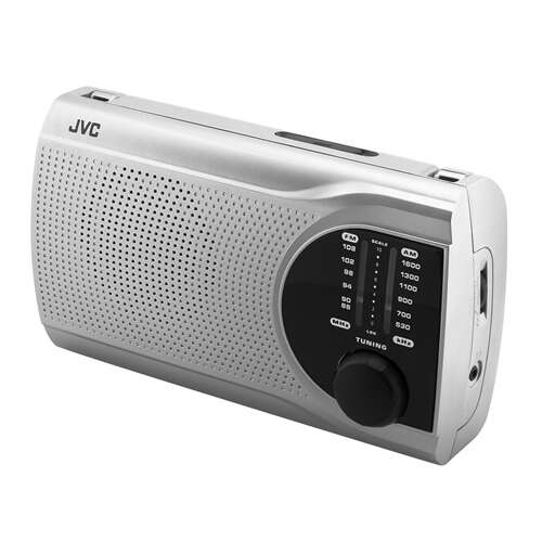 JVC RA-E321S portable radio, silver, 3/4 view