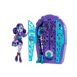 Monster High Kert titkai Twyla baba koporsó szekrényes játékkészlet, gótikus stílusú koporsó szekrényrel rejtett rekeszekkel és több ruhával Twyla babához - Mattel
