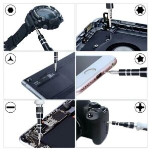 Kolaż zestawu precyzyjnych śrubokrętów używanych do naprawy różnych urządzeń, w tym zegarka, laptopa, smartfona i aparatu - Malatec