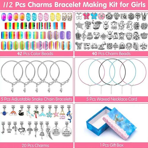 112-częściowy zestaw do robienia bransoletek z zawieszkami dla dziewczynek, zawiera kolorowe koraliki, zawieszki, bransoletki ze wężowego łańcuszka, woskowane sznurki i pudełko prezentowe