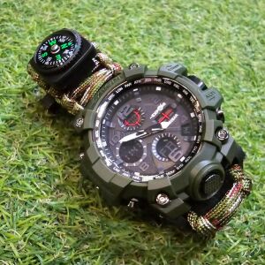 Ceas tactice paracord verde cu busolă, aprinător de foc, fluier, termometru, cuțit și lumină LED SOS - Malatec