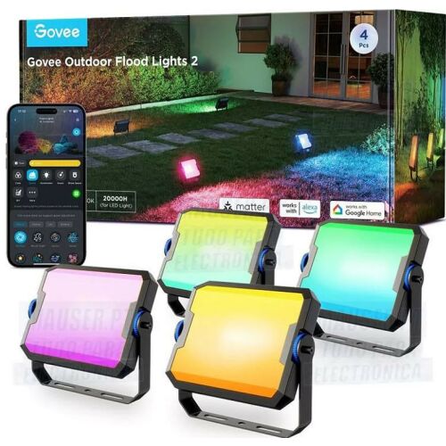 Govee Outdoor Flood Lights 2, set de 4 reflectoare inteligente RGBICWW cu 1000 lumeni fiecare, compatibil cu Alexa, Google Home și Matter