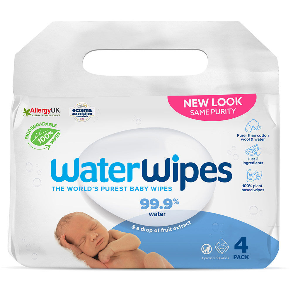 4x WATERWIPES Vlhčené obrúsky, bez plastu 60 kusov ( 240 kusov )