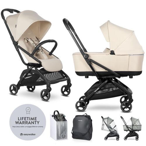 Easywalker Rockey S Bright Taupe stroller with bassinet and accessories