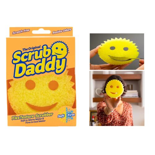 Scrub Daddy Original szivacs csomagolása és használati példák kollázs
