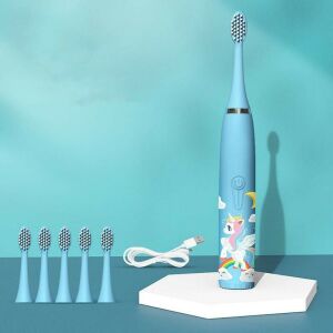 Електрическа четка за зъби Cartoon Kids за деца - Дизайн с еднорог, син цвят, с 6 сменяеми глави и USB зарядно устройство - Душ за уста и Електрическа четка за зъби