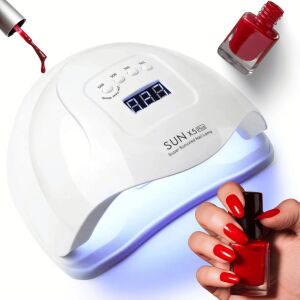 Лампа за нокти SUN X5 PLUS UV/LED с ръка вътре, бутилки за лак за нокти и четка за лак за нокти, бял фон - Красота и здраве