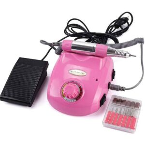 Ružová elektrická brúska na nechty s nožným pedálom a brúsnymi hlavicami, značka Nail Master - Brúska na nechty