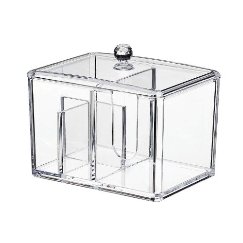 Przezroczysty akrylowy organizer kosmetyczny z pokrywką, do wacików kosmetycznych, patyczków kosmetycznych i makijażu