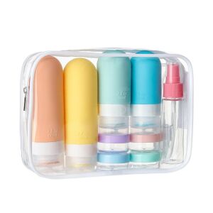 16-częściowy zestaw podróżny z silikonu z butelkami, słoikami i butelką z rozpylaczem w przezroczystej torbie z zamkiem błyskawicznym - Technik systemów kosmetycznych