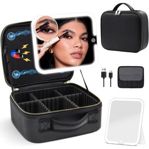 Czarna kosmetyczka z lustrem LED, wyjmowanym lustrem, przegródkami i kablem USB do ładowania - Kosmetyczka