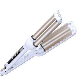 Fehér és arany tripla hengeres hajformázó LCD kijelzővel, ferde nézet - Hajsütő