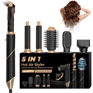 5 in 1 Haarstyling-Set mit Haartrockner, austauschbaren Köpfen, hitzebeständigen Handschuhen, 3 Temperatureinstellungen - Schwarz-Gold - WT-631 121966031 - Haarstyling