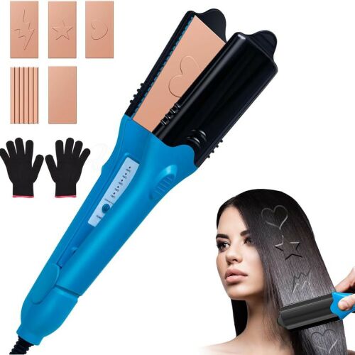 Hajvasaló cserélhető lapokkal, 3D minták készítéséhez, beleértve a szív, csillag, villám és hullámos mintákat, egy nő a hajvasalót használja a haján