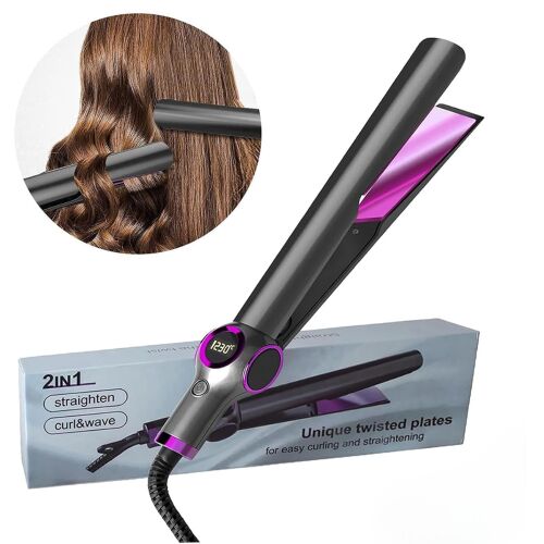 2 în 1 ondulator și întinzator de păr cu plăci răsucite unice, gri și violet, afișaj LCD, 29 cm lungime