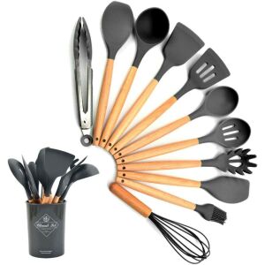 11-teiliges Küchenutensilien-Set aus Silikon mit Holzgriffen in einem schwarzen Behälter, Marke Kitchen Set - Küchenzubehör
