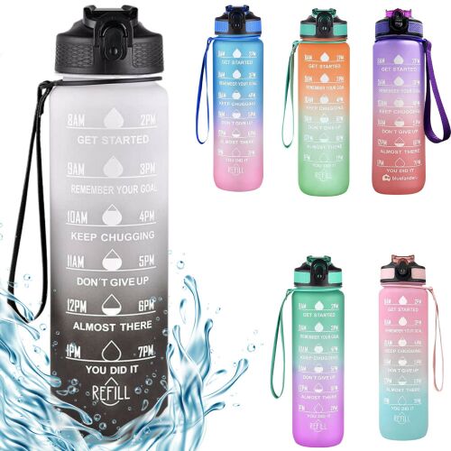 Gradient motivational sticla de apa cu citate si scara de timp (1000 ml) - alb / negru