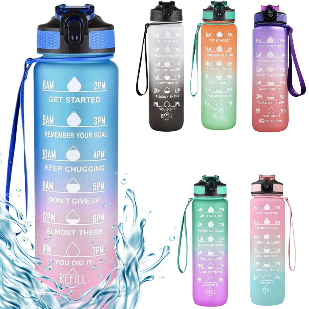 Butelka na wodę Gradient z motywem, cytatami i osią czasu (1000 ml) – niebiesko-różowa