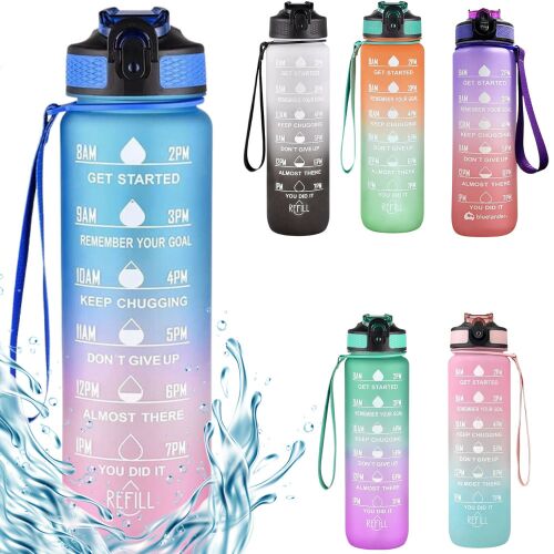 Kolaż 6 różnych kolorów ombre butelek z wodą z motywacyjnymi cytatami i skalą czasu, niebieska i różowa ombre butelka z wodą z motywacyjnymi cytatami i skalą czasu