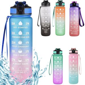 Collage von 6 verschiedenen Farb-Ombre-Wasserflaschen mit motivierenden Zitaten und Zeitskala, blaue und rosa Ombre-Wasserflasche mit motivierenden Zitaten und Zeitskala - Trinkflaschen