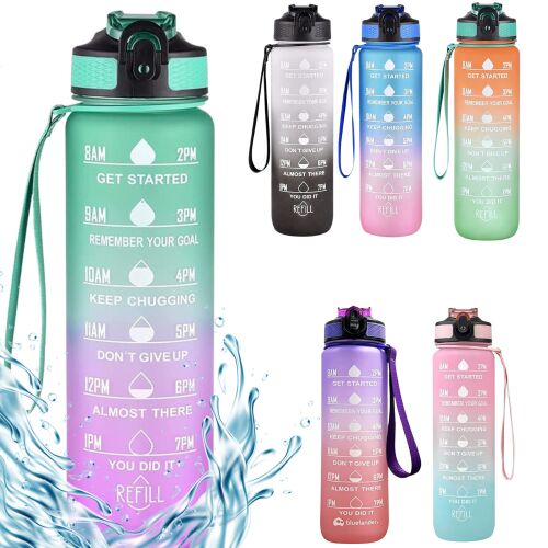 Gradient motivational sticla de apa cu citate și scara de timp (1000 ml) - menta verde / violet