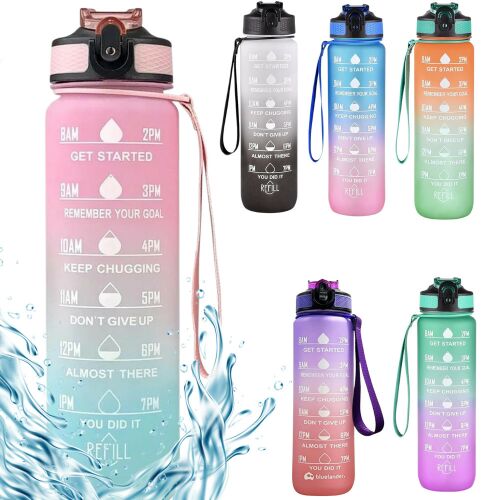 Gradient motivational sticla de apa cu citate si scara de timp (1000 ml) - Baby Pink / Baby Blue