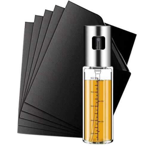 5 arkuszy do pieczenia na grilla z powłoką zapobiegającą przywieraniu i szklany rozpylacz oleju