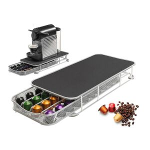 Koláž zobrazujúca držiak na kapsuly Nespresso so zásuvkou na 40 kapsúl, kávovar na vrchu a detailný záber zásuvky - Stojany a držiaky kávových kapsúl