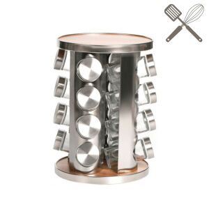 Drehbarer Gewürzregal mit 16 Glasbehältern, Edelstahl und Holzdesign - Gewürzbehälter