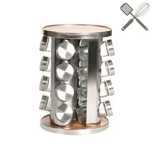 Obrotowy stojak na przyprawy z 16 szklanymi słoikami, ze stali nierdzewnej i drewna