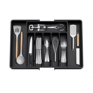 Schwarzer erweiterbarer Besteckorganizer mit Fächern für Gabeln, Löffel, Messer und anderes Besteck - Lagerung & Organisation