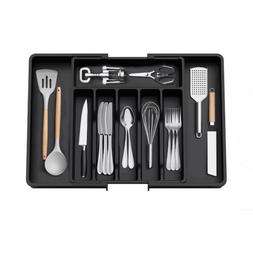 Schwarzer erweiterbarer Besteckorganizer mit Fächern für Gabeln, Löffel, Messer und anderes Besteck