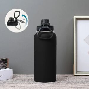 Schwarze Edelstahl-Wasserflasche mit breitem Mund und auslaufsicherem Deckel, perfekt zum Halten von Getränken kalt oder warm für Stunden. - Trinkflaschen