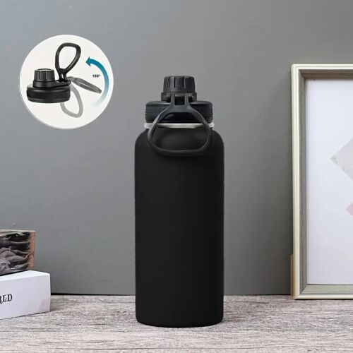 Schwarze Edelstahl-Wasserflasche mit breitem Mund und auslaufsicherem Deckel, perfekt zum Halten von Getränken kalt oder warm für Stunden.