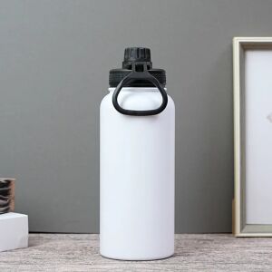 Weiße Thermosflasche aus Edelstahl mit schwarzem Deckel und Griff - Trinkflaschen