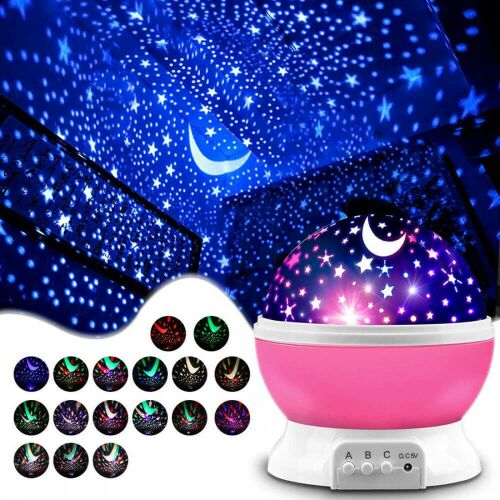 Proiector de stele și lună roz, proiectează stele și lună pe tavan, se rotește, multicolor, alimentat prin USB, ideal pentru camera copiilor