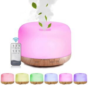 Ultraschall-Luftbefeuchter und Aromatherapie-Diffusor, Holz, 7-farbige LED-Beleuchtung, Fernbedienung, Timer, 500 ml Fassungsvermögen - Luftbefeuchter