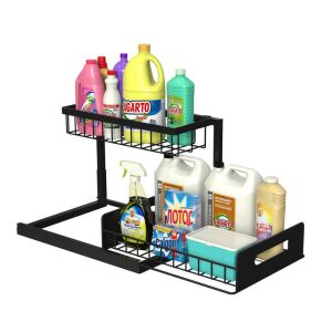 Organizator de bucătărie din metal negru cu raft glisant, două niveluri, pentru depozitarea produselor de curățare, sticle și alte articole - Rafturi de depozitare pentru bucătărie