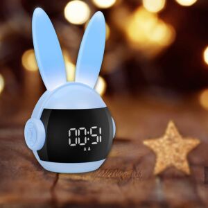 Син часовник с зайче с цифров дисплей и нощна лампа за деца - Будилник