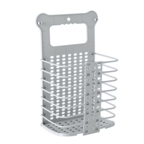 Coș de rufe pliabil gri cu mâner, de agățat pe perete, perfect pentru băi mici