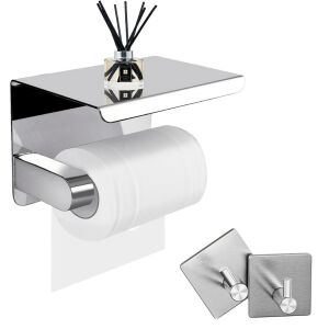 Uchwyt ścienny na papier toaletowy z górną półką i 2 haczykami - srebrny 121968136 - Uchwyt i stojak na papier toaletowy