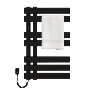 Radiator Inteligent pentru Prosoape cu Brațe Dreptunghiulare, R530 - Negru, radiator electric negru pentru prosoape cu 7 bare și un prosop agățat pe el - Calorifere baie