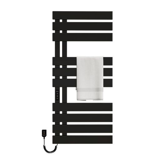 Inteligentný radiátor na uteráky s hranatými ramenami, G580 - Čierna, čierny radiátor na uteráky s 10 tyčami a uterákom zaveseným na ňom