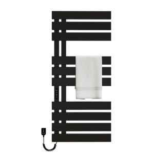 Radiator Inteligent pentru Prosoape cu Brațe Dreptunghiulare, G580 - Negru, radiator negru pentru prosoape cu 10 bare și un prosop agățat pe el - Calorifere baie