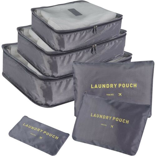 6 darabos sötétszürke utazási bőrönd rendszerező szett hálós és cipzáras rekeszekkel, beleértve a mosáshoz való táskákat