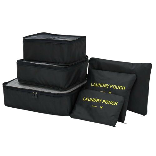 6 darabos fekete utazási bőrönd rendszerező készlet hálós rekeszekkel és cipzáros szennyes táskákkal