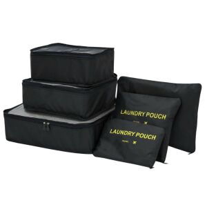 6-teiliges schwarzes Reisegepäck-Organizer-Set mit Netzfächern und Reißverschluss-Wäschesäcken - Koffersortierer